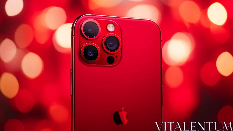 Red smartphone with triple camera module against blurred bokeh background.
