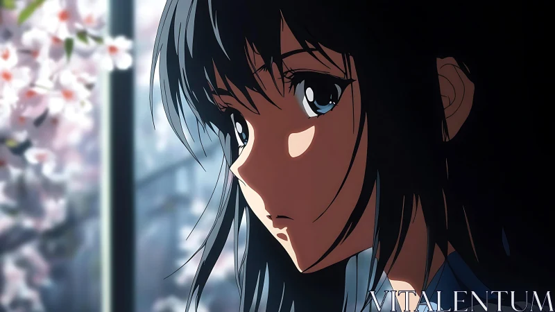 Side profile of anime girl near window and blossoms.