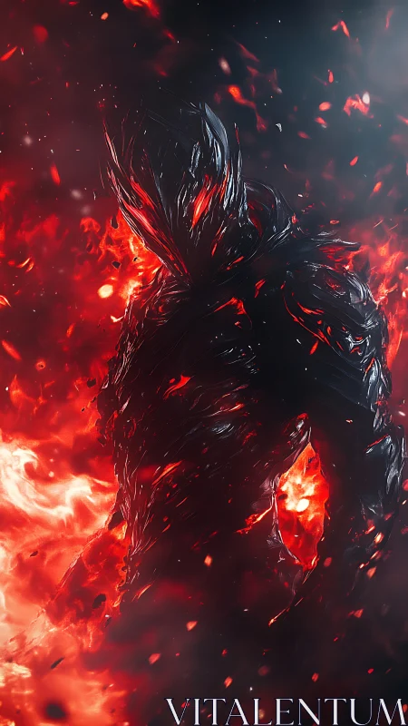 Shadowed fire spirit walking through swirling embers.