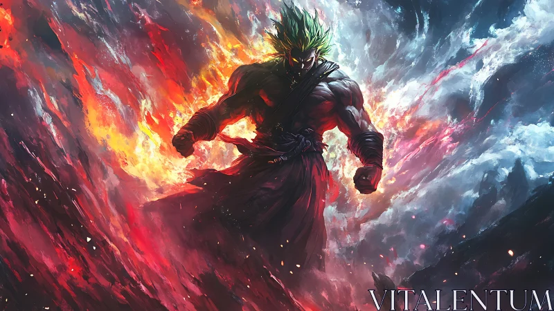 Powerful warrior amid fiery and icy abstract energy field.