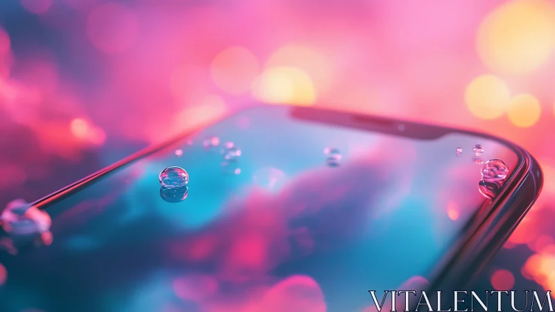 Neon macro smartphone surface with refracted bokeh droplets.