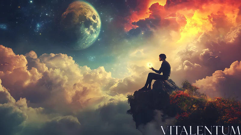 Solitary figure studies glowing bulb against nebula sky and moon