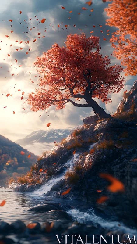 Solitary ember tree scatters autumn light above the falls