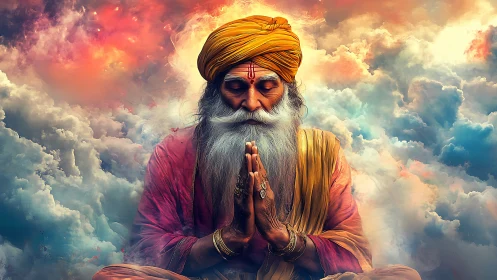 Meditative elder in saffron robes merges with iridescent clouds
