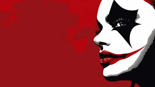 Crimson jester gaze carved in stark shadow and wicked red.