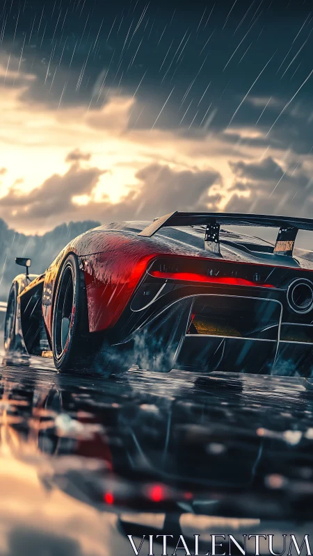 Aerodynamic hypercar accelerates on wet reflective track surface