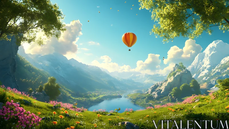Vibrant valley landscape with hot air balloon over lake.