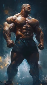 Massive muscular figure posed in dramatic fiery lighting.