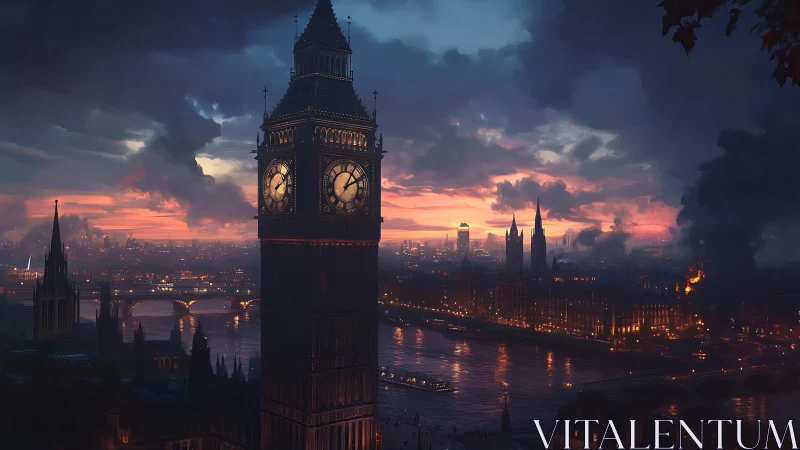 Dramatic sunset over Big Ben rendered in cinematic digital painting