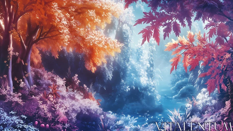 Enchanted forest glows above a tranquil, misty blue river