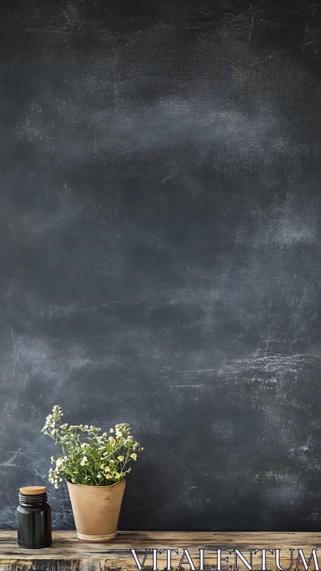 Wild daisies whisper against a worn charcoal chalkboard backdrop.