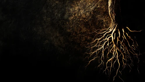 Exposed Tree Roots in Dark Earth, Dramatic Digital Art Style.