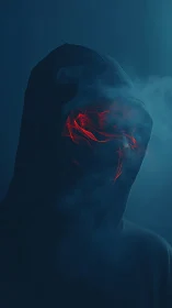 Hooded figure with red glowing smoke in dark blue fog.