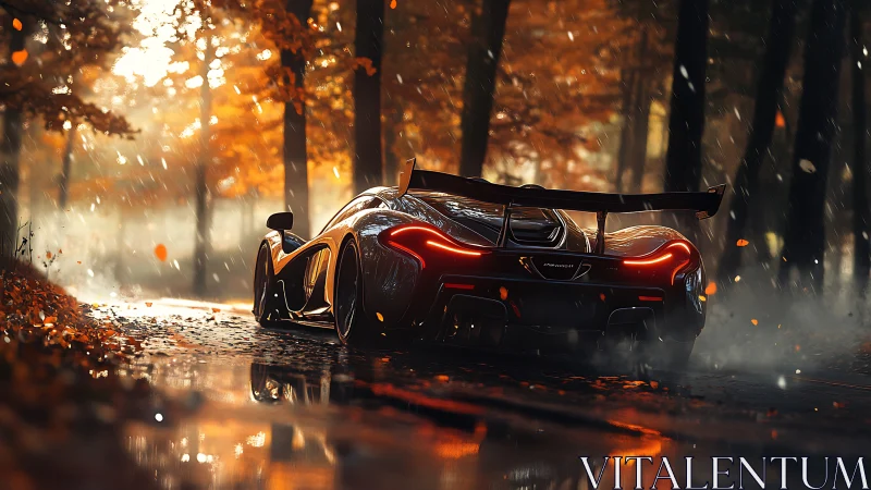 Supercar cuts through misty autumn forest road at speed.