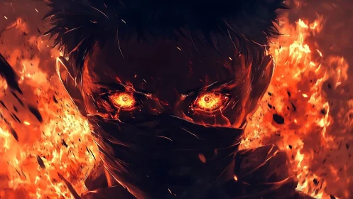 Intense anime figure with glowing ember eyes amid explosive flames
