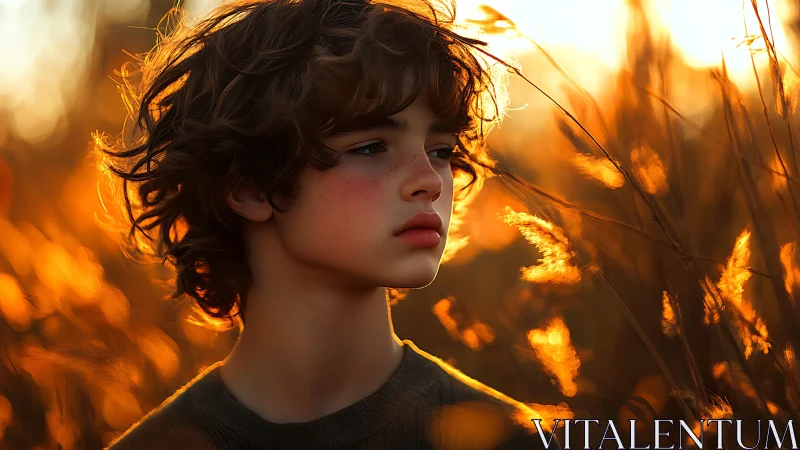 Golden Hour Portrait of Contemplative Child in Sunlit Field.