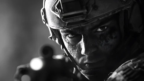 Close portrait of tactical soldier aiming weapon in grayscale.