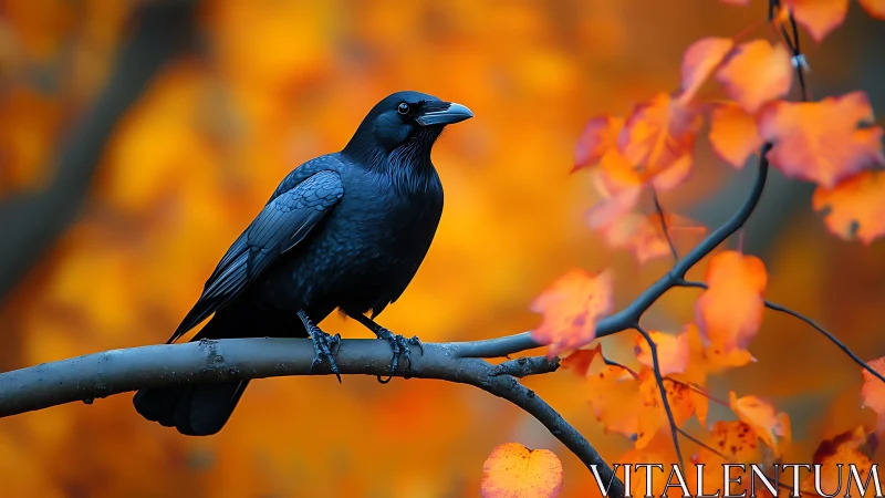 Black raven perched on autumn branch with vibrant orange leaves.