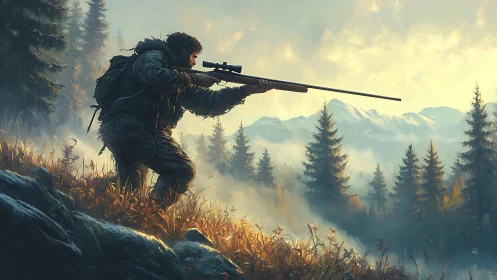 Sniper Positioned Highland Peaks Mountain Range.
