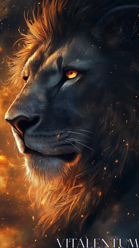 Fiery-eyed lion portrait rendered in high-contrast digital realism