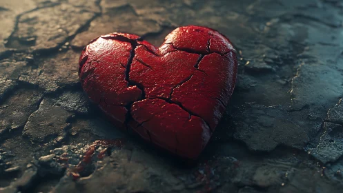 Fractured Crimson Heart with Metallic Patina on Textured Dark Surface