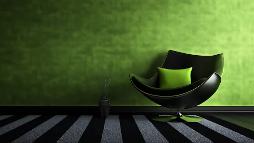 Minimalist green lounge interior with sculptural chair.