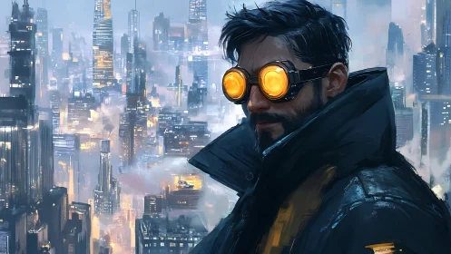 Man with illuminated goggles in dense futuristic cityscape.