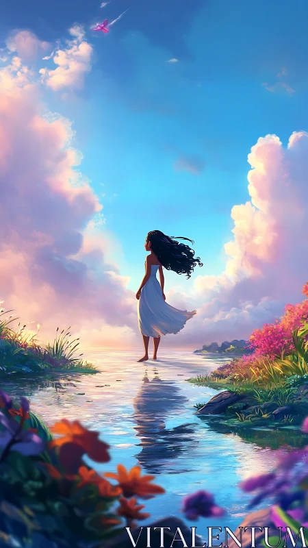 Solitary figure by reflective water under expansive sky.