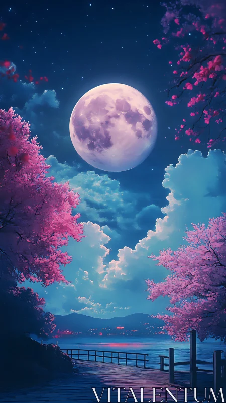 Luminous supermoon above lakeside path and sakura glow.