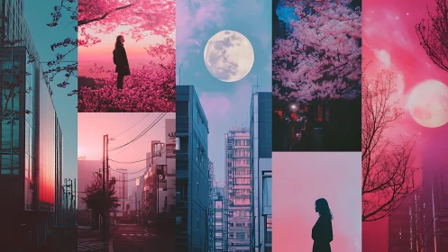Neon dusk cityscapes with moonlit sakura silhouettes collage.