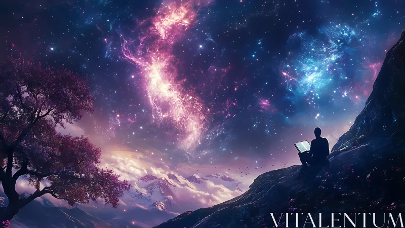 Digital painting of stargazer with nebula sky and mountain vista.