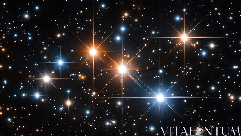 Dense star field with bright diffraction-spiked points in space.