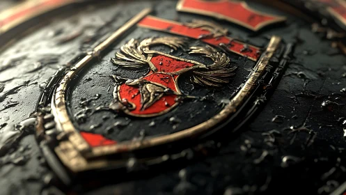 3D heraldic crest with weathered metallic relief detailing.