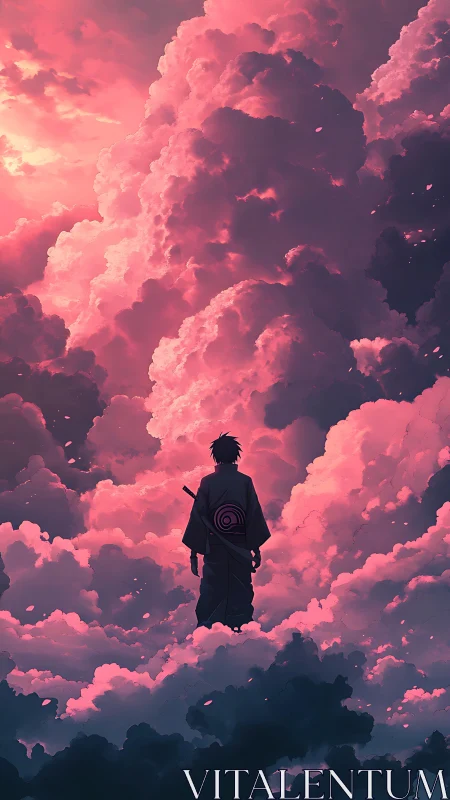 Solitary swordsman in volumetric crimson cumulonimbus sky.