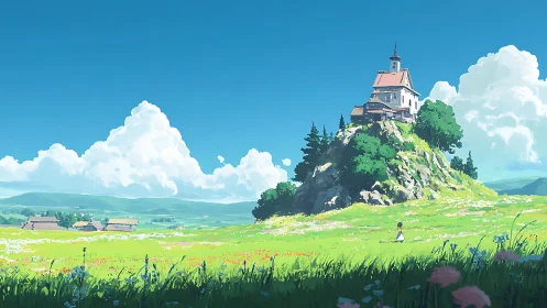 Hilltop house overlooks sunlit meadow under vivid sky.