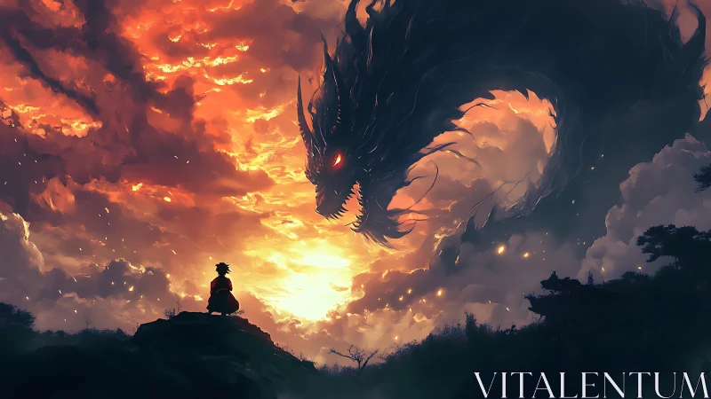 Lone warrior confronts a storm-swept dragon in burning skies