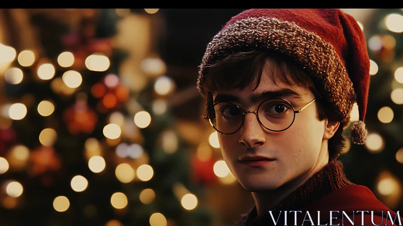 Young man in festive hat against defocused holiday bokeh field