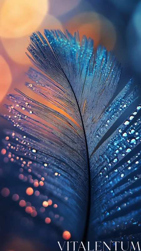 Iridescent feather macro with dew droplets and bokeh glow.