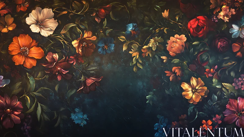 Botanical Still Life with Florals on Dark Background