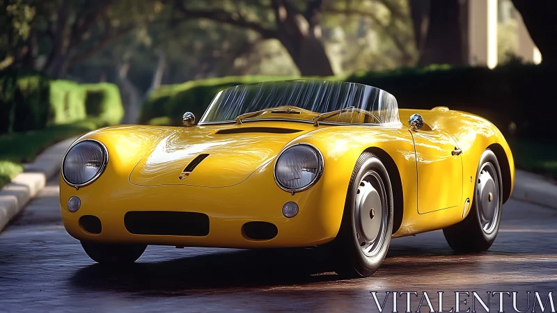 Photorealistic classic yellow roadster in sunlit driveway shot.