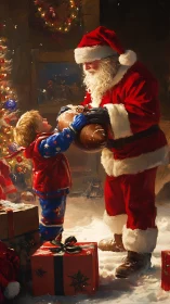 Santa and child share Christmas gifts by lit tree indoors.