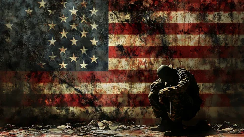 Crouched soldier silhouette before distressed US flag mural