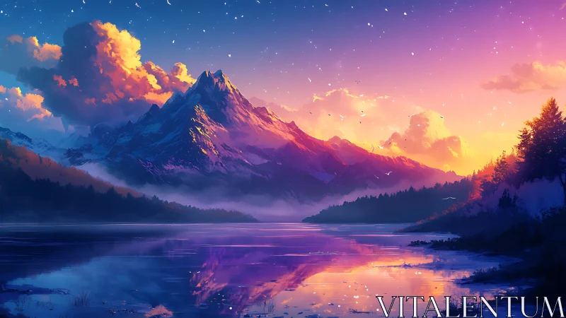 Aurora-kissed mountain mirror over a spellbound violet lake.