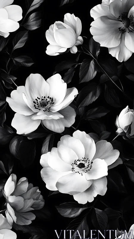 Monochrome floral composition with layered petals against dark background.