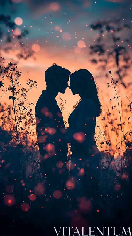 Silhouetted Couple with Bokeh Lights and Wildflower Field