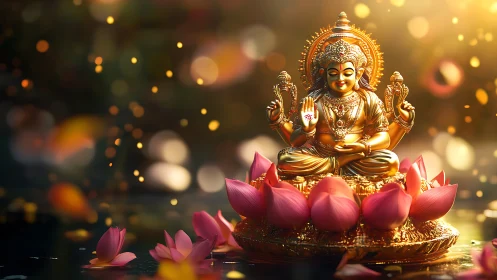 Golden lotus deity glows amid drifting petals and light.