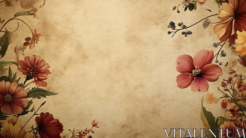 Vintage floral frame surrounds warm textured background.