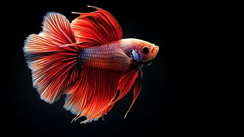 Vivid red betta fish rendered on deep black background.