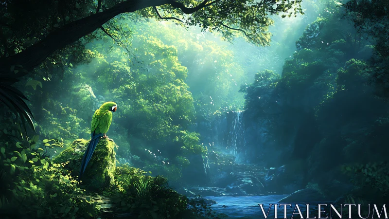 Solitary parrot gazes over a misty emerald jungle waterfall.