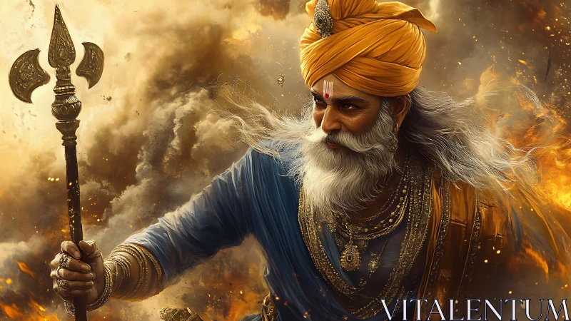 Warrior elder in golden turban amid burning stormscape.